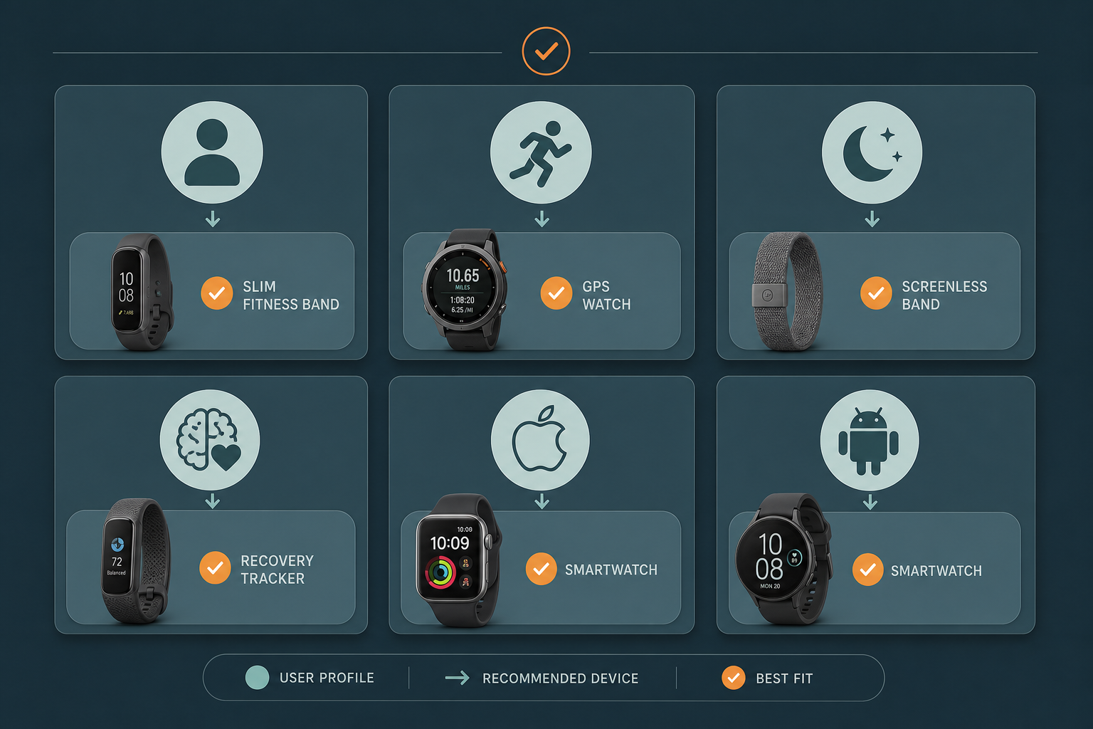 Clean minimalist decision matrix grid showing six user profile icons (beginner, runner, sleep-focused, stress-focused, Apple user, Android user) each paired with a device recommendation badge (fitness band, GPS watch, screenless band, recovery tracker, smartwatch, smartwatch) on a muted teal and slate gray background with subtle orange accents.