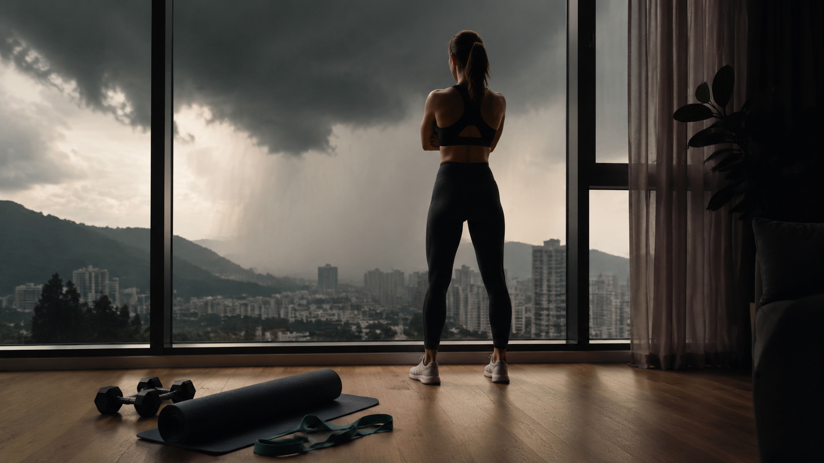 A person in athletic wear looking out at storm clouds from an apartment window, with yoga mat, dumbbells, and resistance bands on the floor
