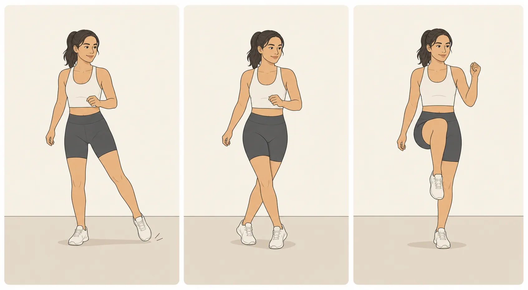 Illustration of beginner dance moves: step-touch, grapevine, and knee lift