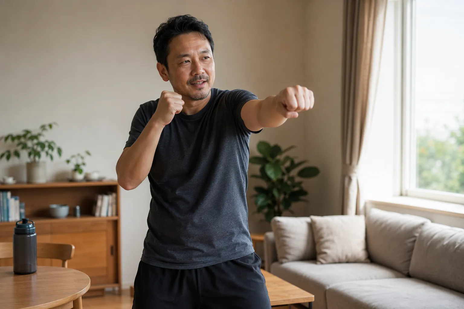 Person doing gentle shadowboxing in an apartment living room at a conversational pace