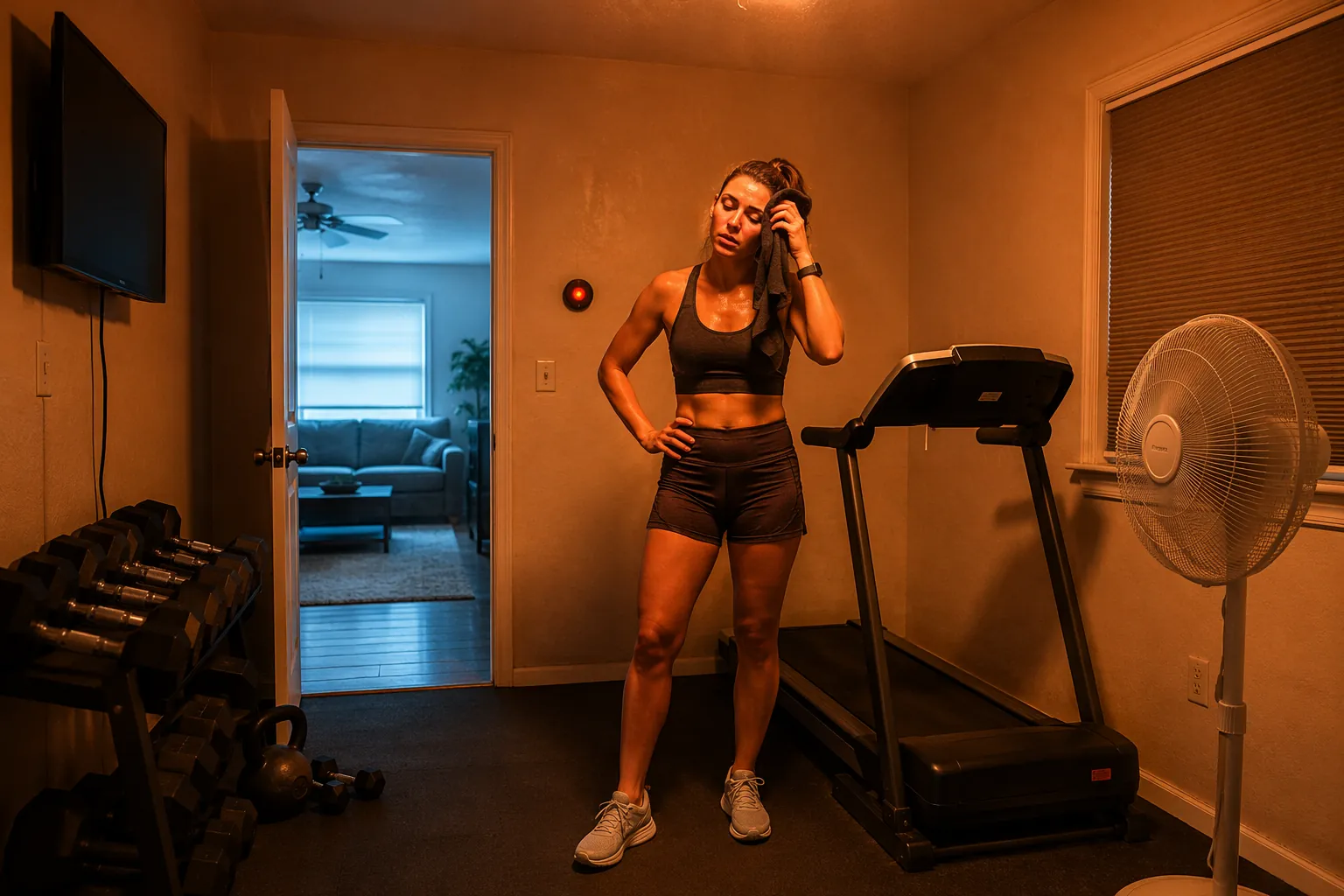 Small warm bedroom workout space with a thermometer, fan, and cooler hallway beyond the open door