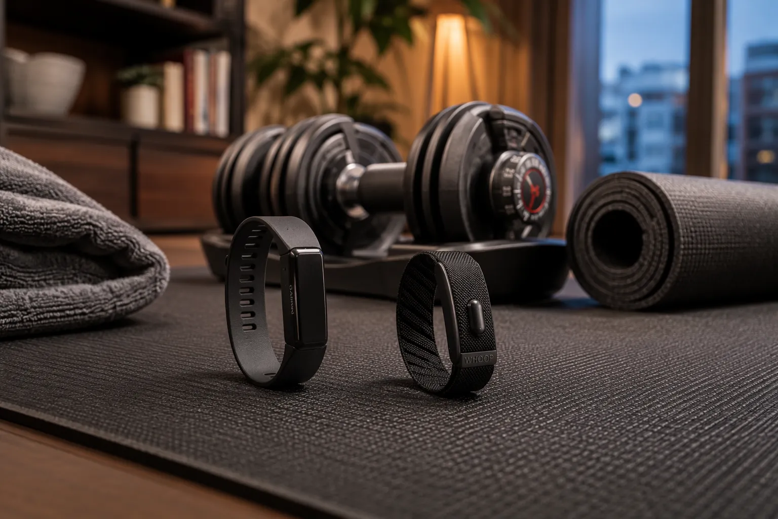 Garmin Cirqa and Whoop 5.0 bands on a gym mat beside adjustable dumbbells and a yoga mat in a small apartment workout corner