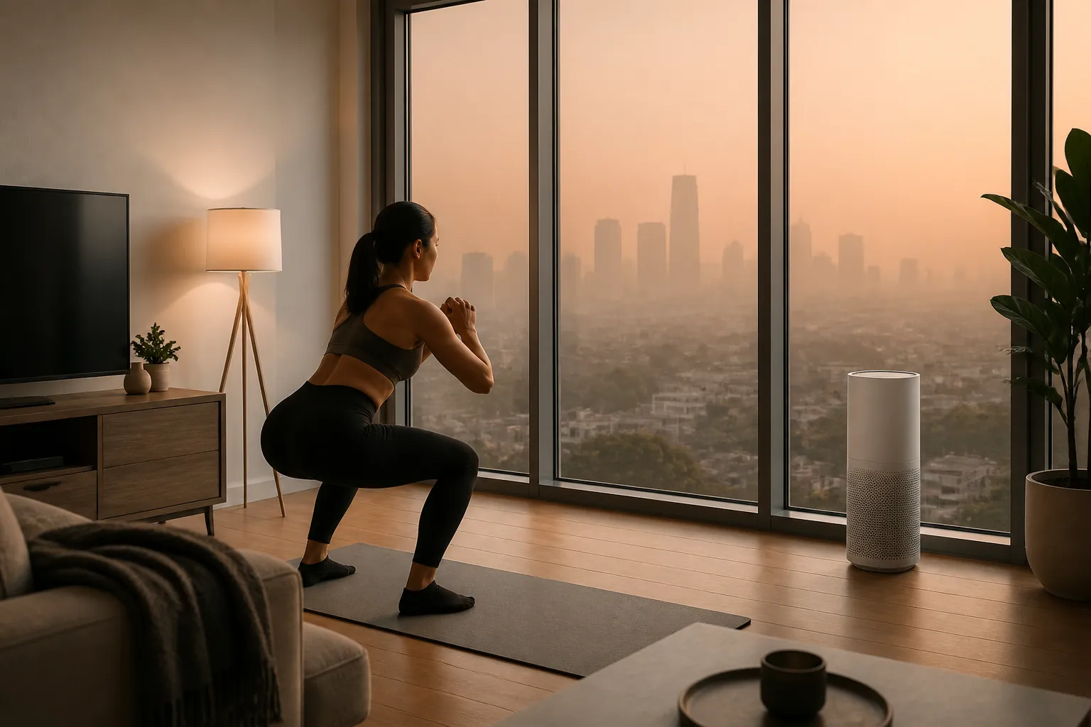 Person doing bodyweight squats indoors near an air purifier while smoke haze is visible outside the window