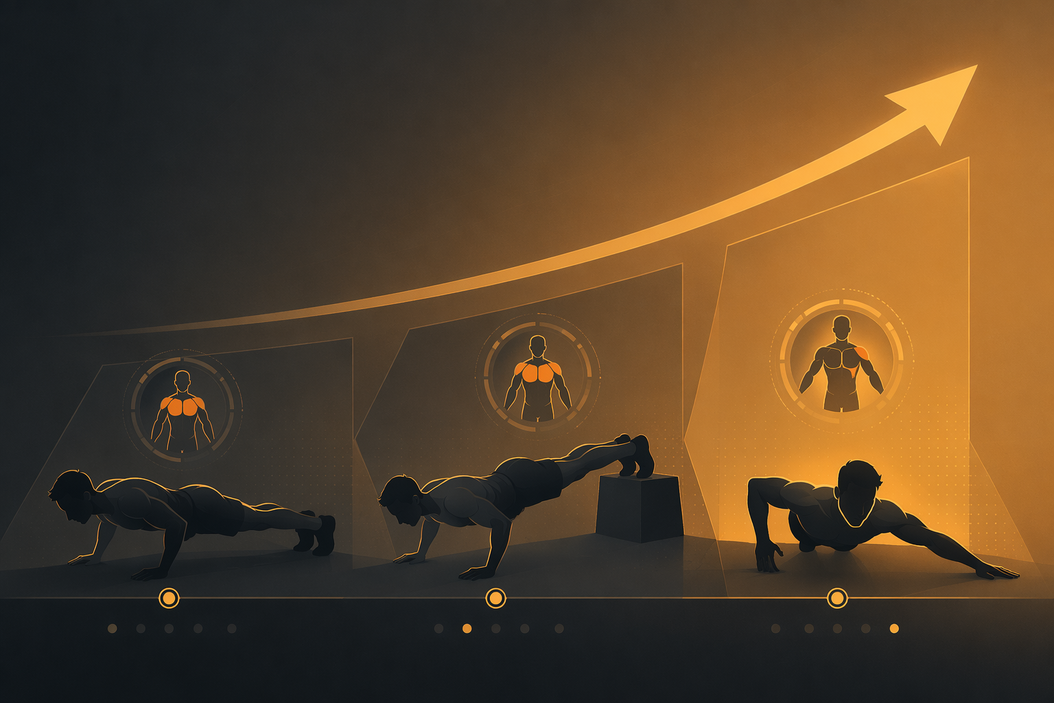 Progression from standard push-up to feet-elevated push-up to archer push-up