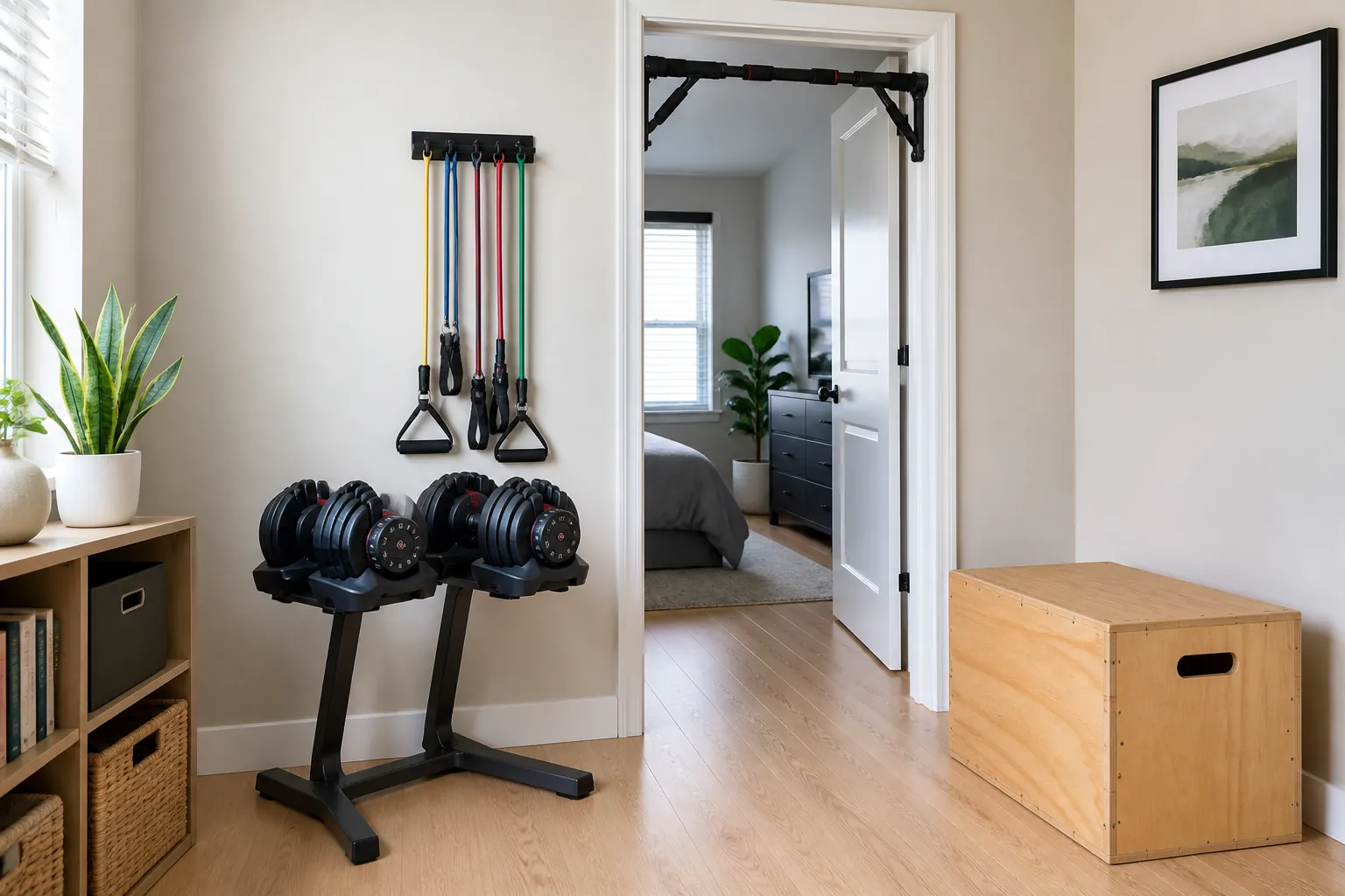 Compact apartment home gym with adjustable dumbbells, resistance bands, doorway pull-up bar, and plyometric box