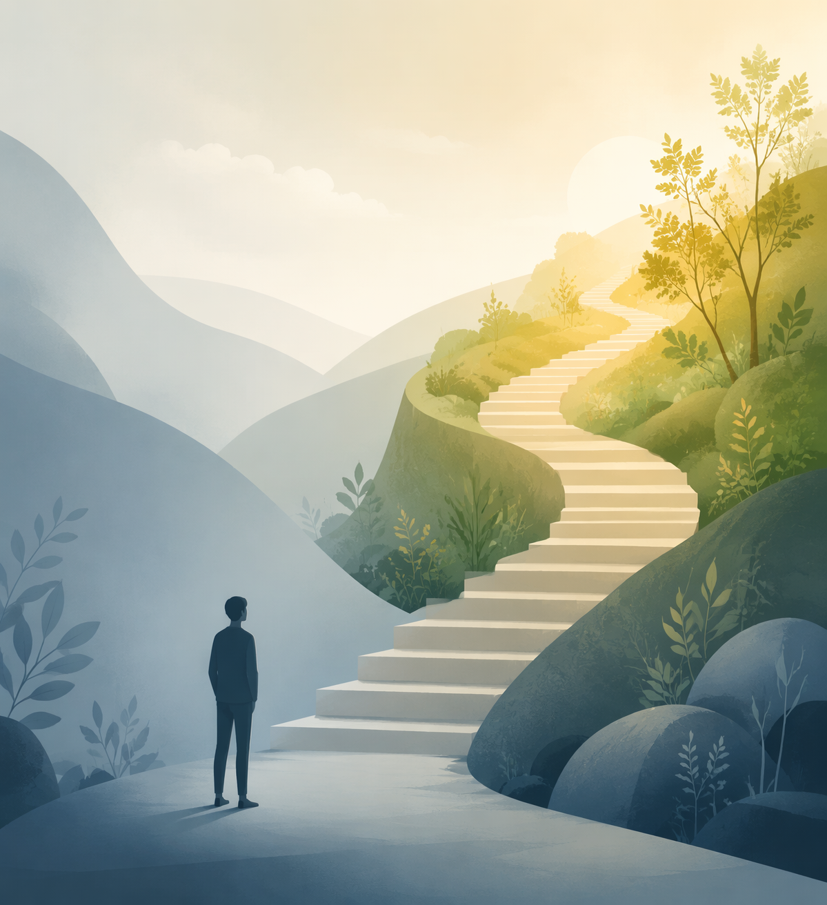A gentle ascending path from cool tones into warmer green and golden light
