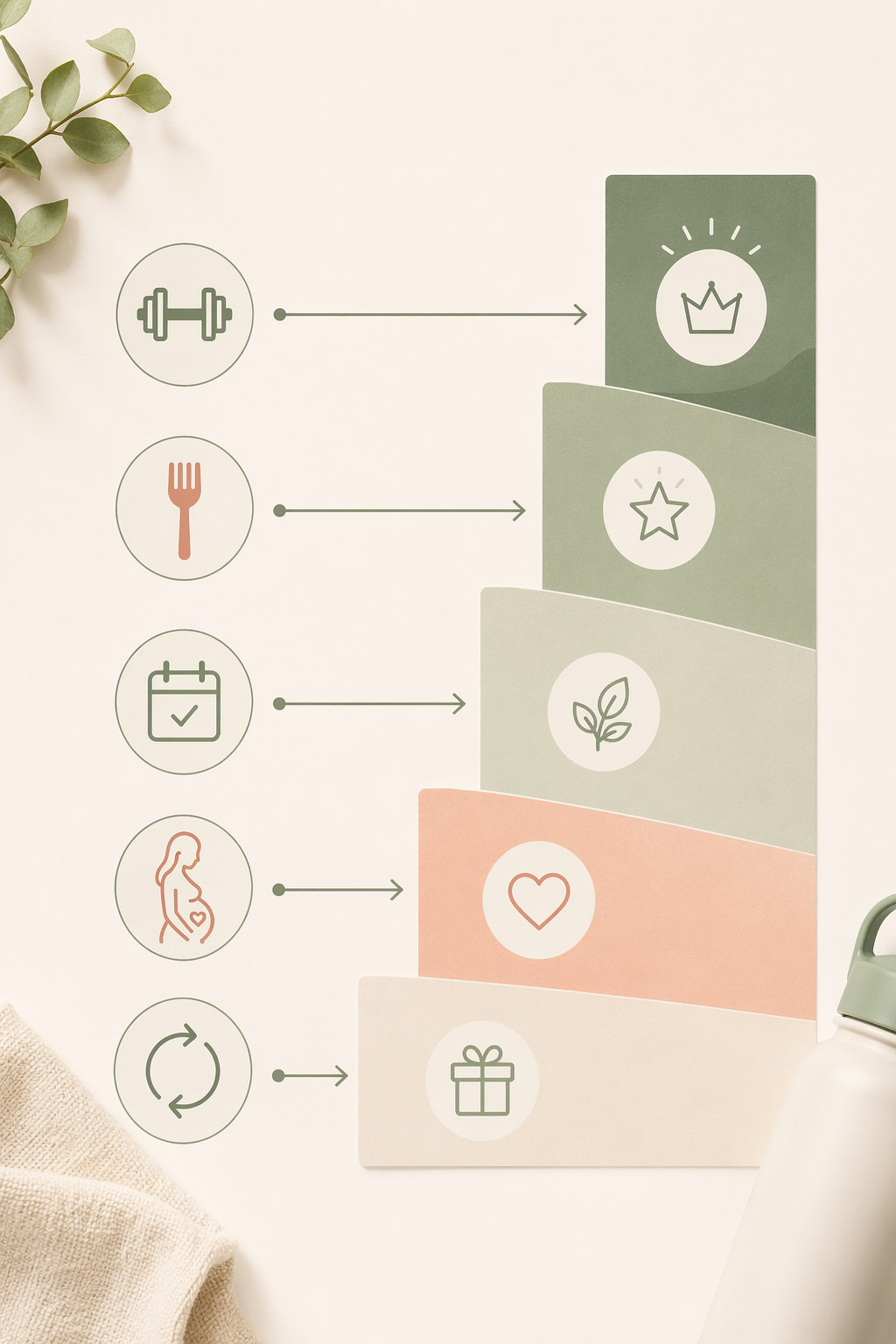 Decision graphic linking fitness needs (weight, fork, checkmark, baby, cycle) to price tiers (Free, $8-15/mo, $15-25/mo, $199/mo).