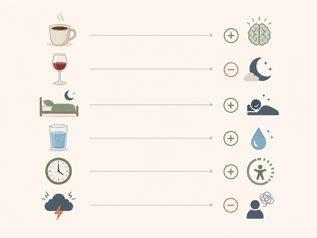 A split illustration showing lifestyle icons connected to positive and negative recovery indicators, representing journal habit tracking.