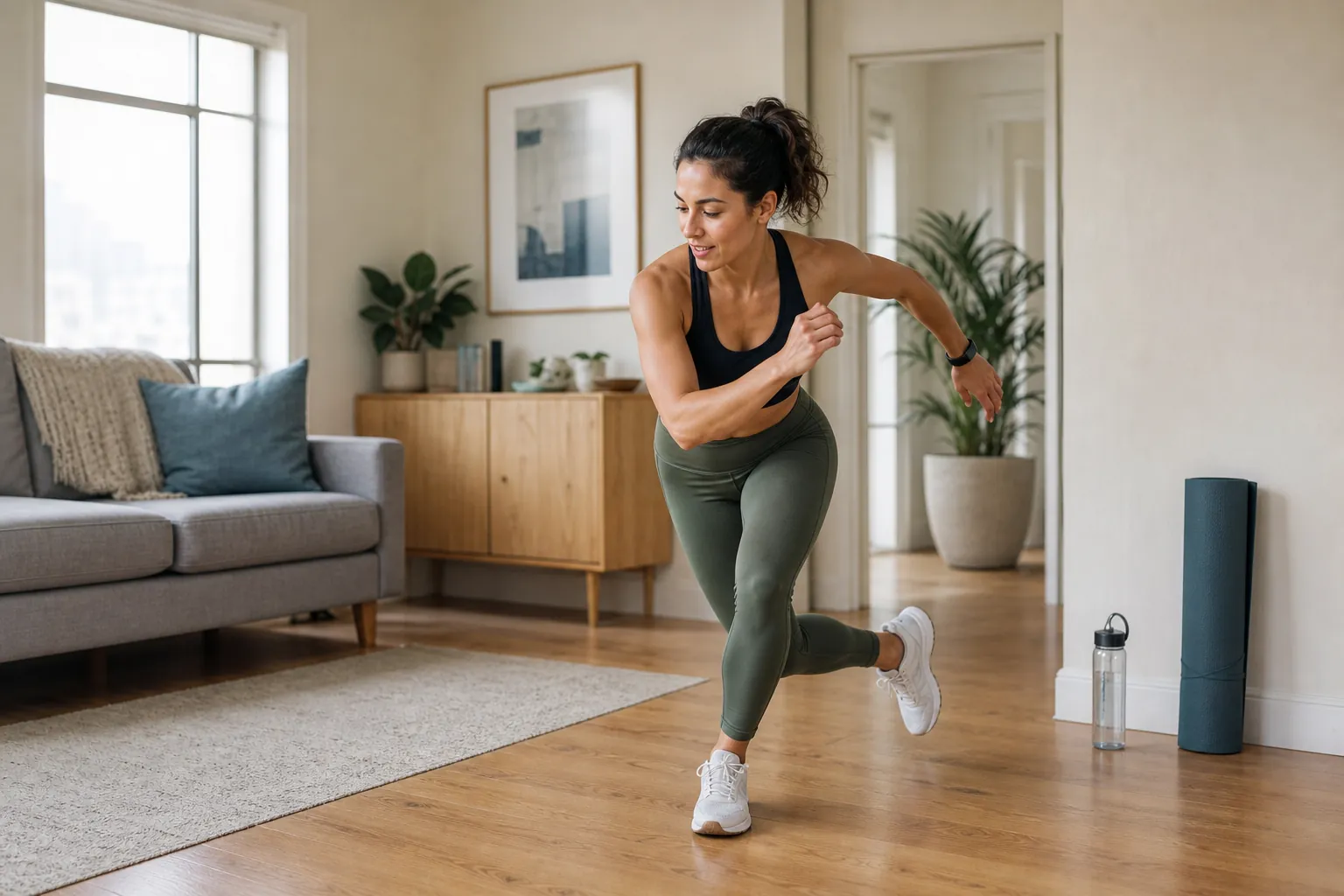 A person performing a lateral skater move in a small apartment living room