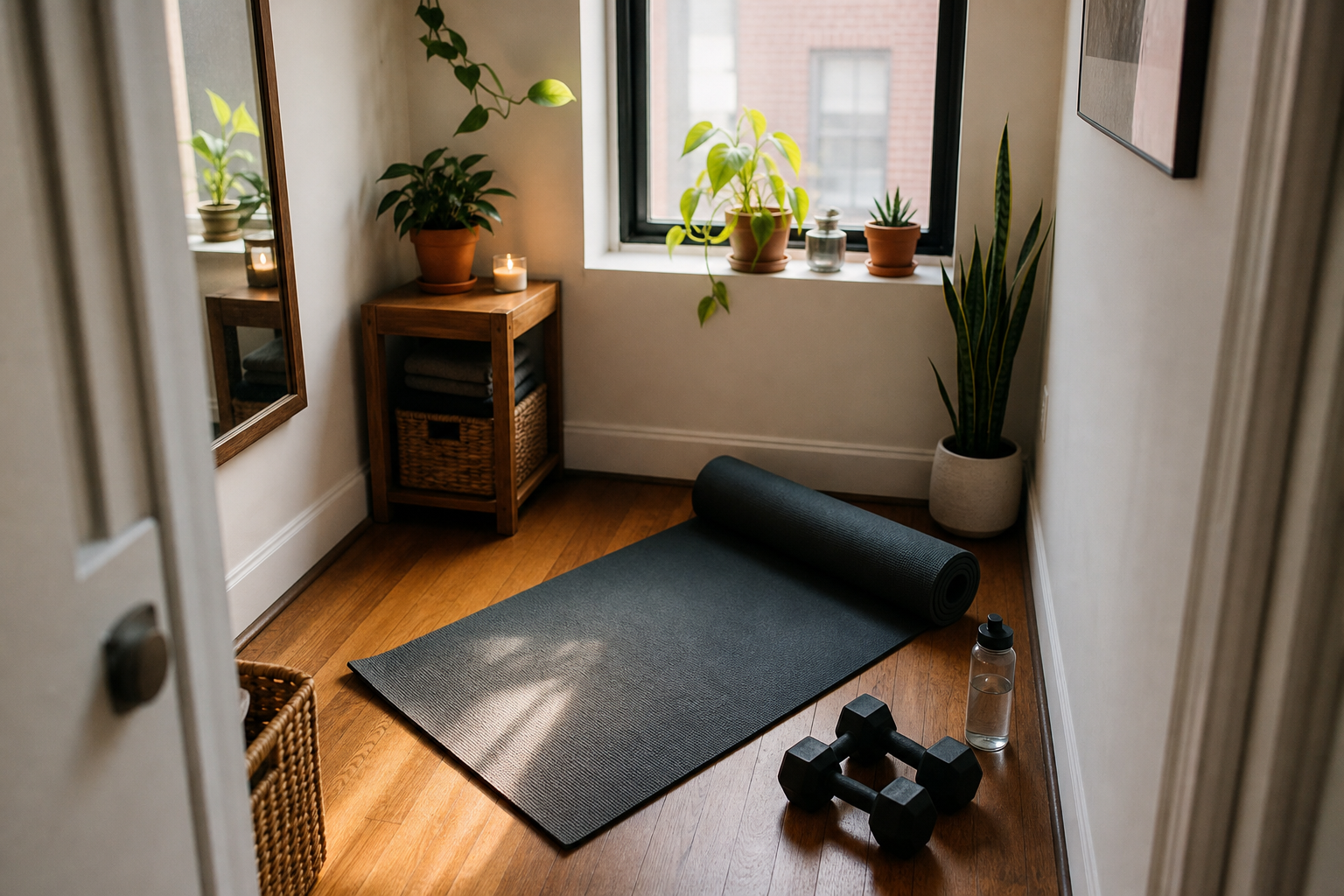 Small apartment workout corner with yoga mat, dumbbells, water bottle, and natural light