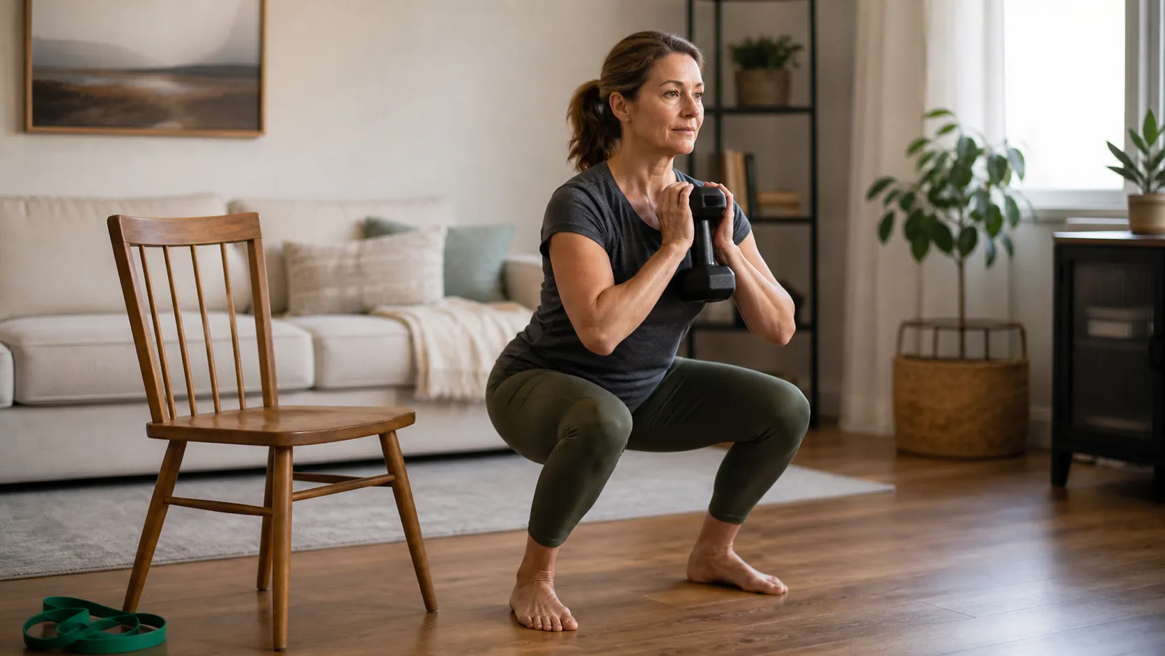Woman doing a dumbbell goblet squat in a bright living room with a chair and resistance band nearby