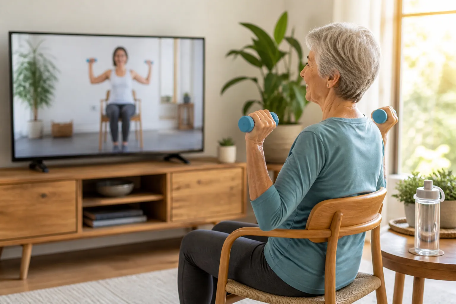 Older woman doing a seated dumbbell workout in a bright living room while following a gentle fitness video on TV