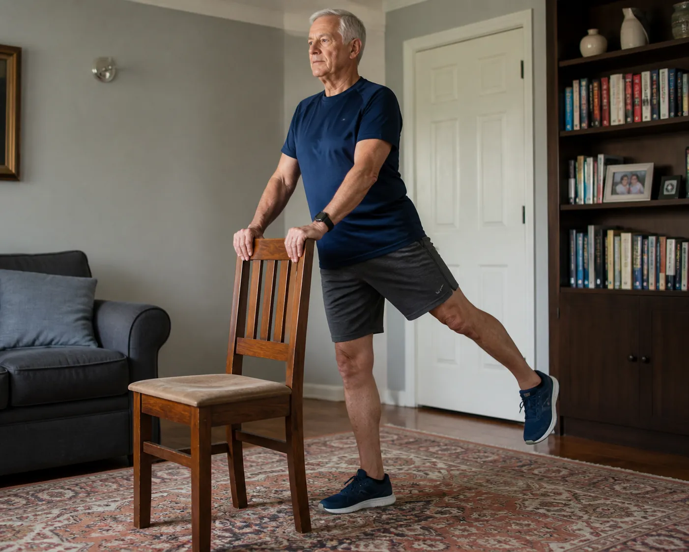 Older man performing a supported standing leg lift while holding a sturdy chair