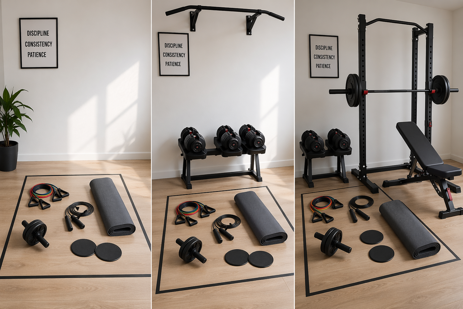 Split editorial composition showing three progressive home gym equipment setups arranged left to right on a light wood floor against a white wall. The left section shows resistance bands, jump rope, ab roller, sliders, and a folded yoga mat. The center section adds adjustable dumbbells and a wall-mounted pull-up bar. The right section includes all previous equipment plus an adjustable bench and compact squat stand.