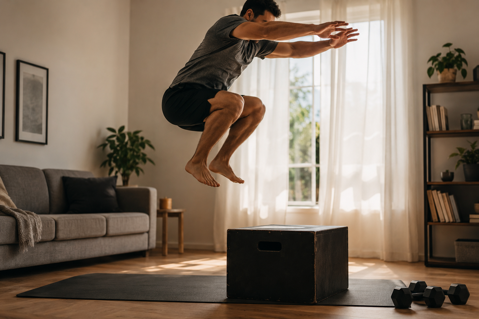 Runner doing explosive plyometric strength work at home
