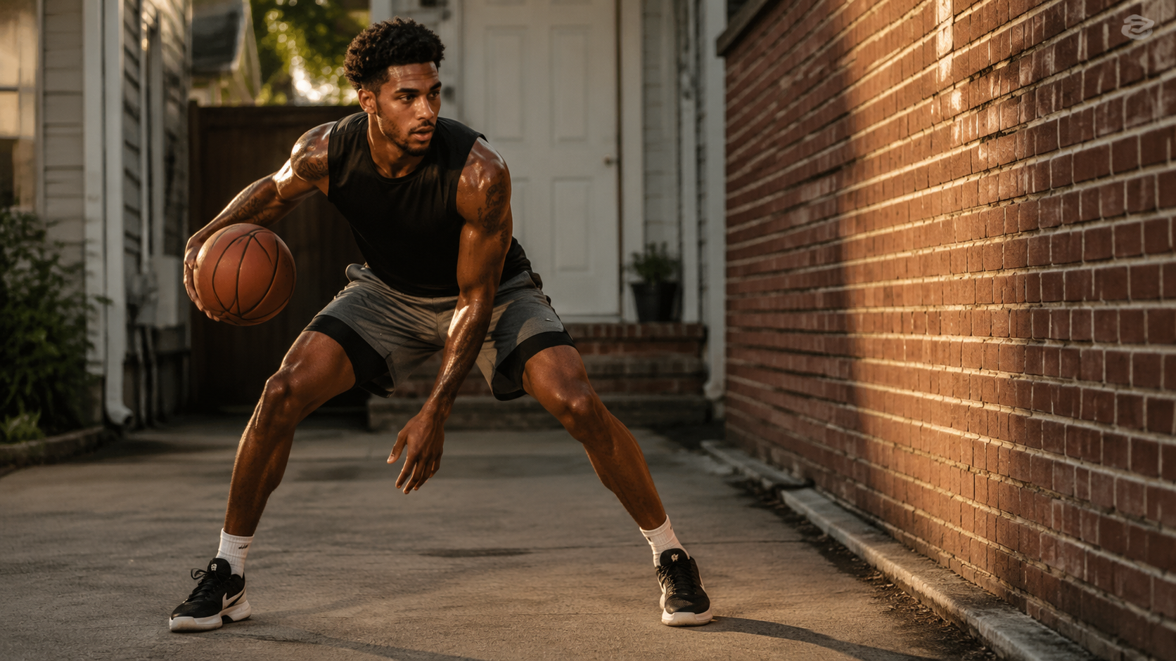 Basketball player standing in a small driveway beside a brick wall with no hoop visible