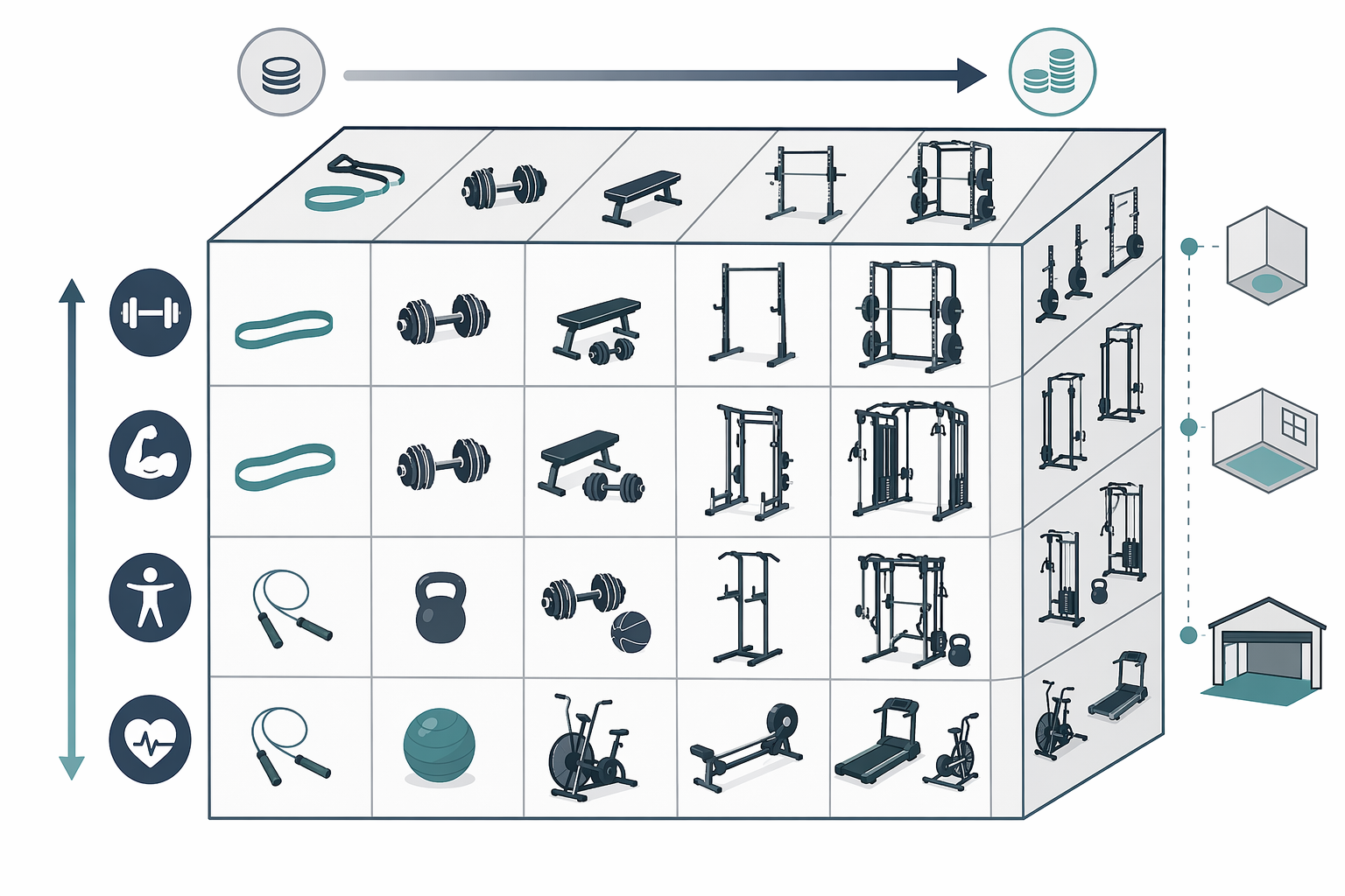 A clean editorial decision matrix visual with a three-axis structure representing Budget, Space, and Training Goal, showing intersecting zones with small clean icon pictograms for recommended equipment categories at each intersection, using slate blue, warm gray, and teal accents on a white background.