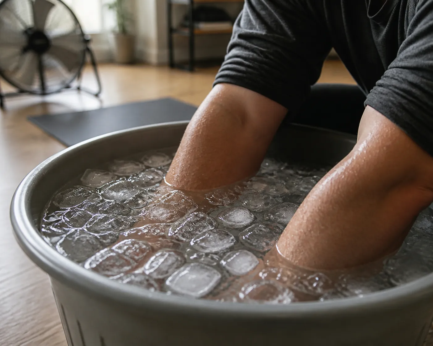 Forearms submerged in a basin of cool water with ice cubes during a home-workout break