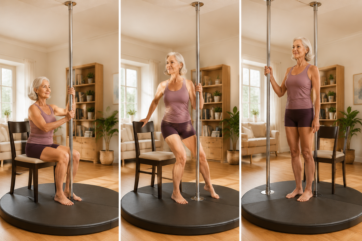 Three-panel illustration of a senior woman progressing from seated pole work to standing pole support