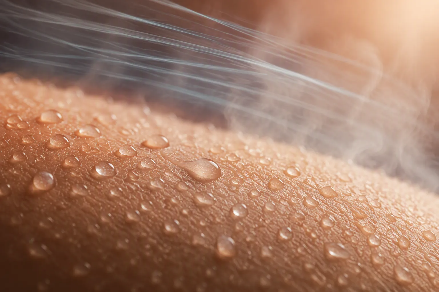 Close-up of sweat droplets on skin with airflow and vapor suggesting evaporative cooling