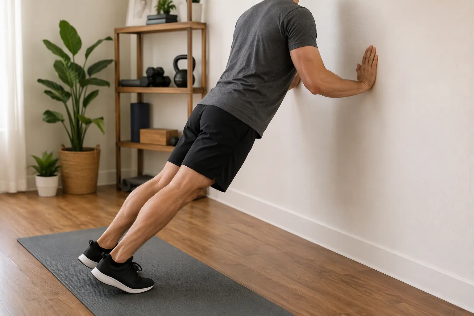 Person performing a controlled wall push-up for Phase 2 pec rehab at home