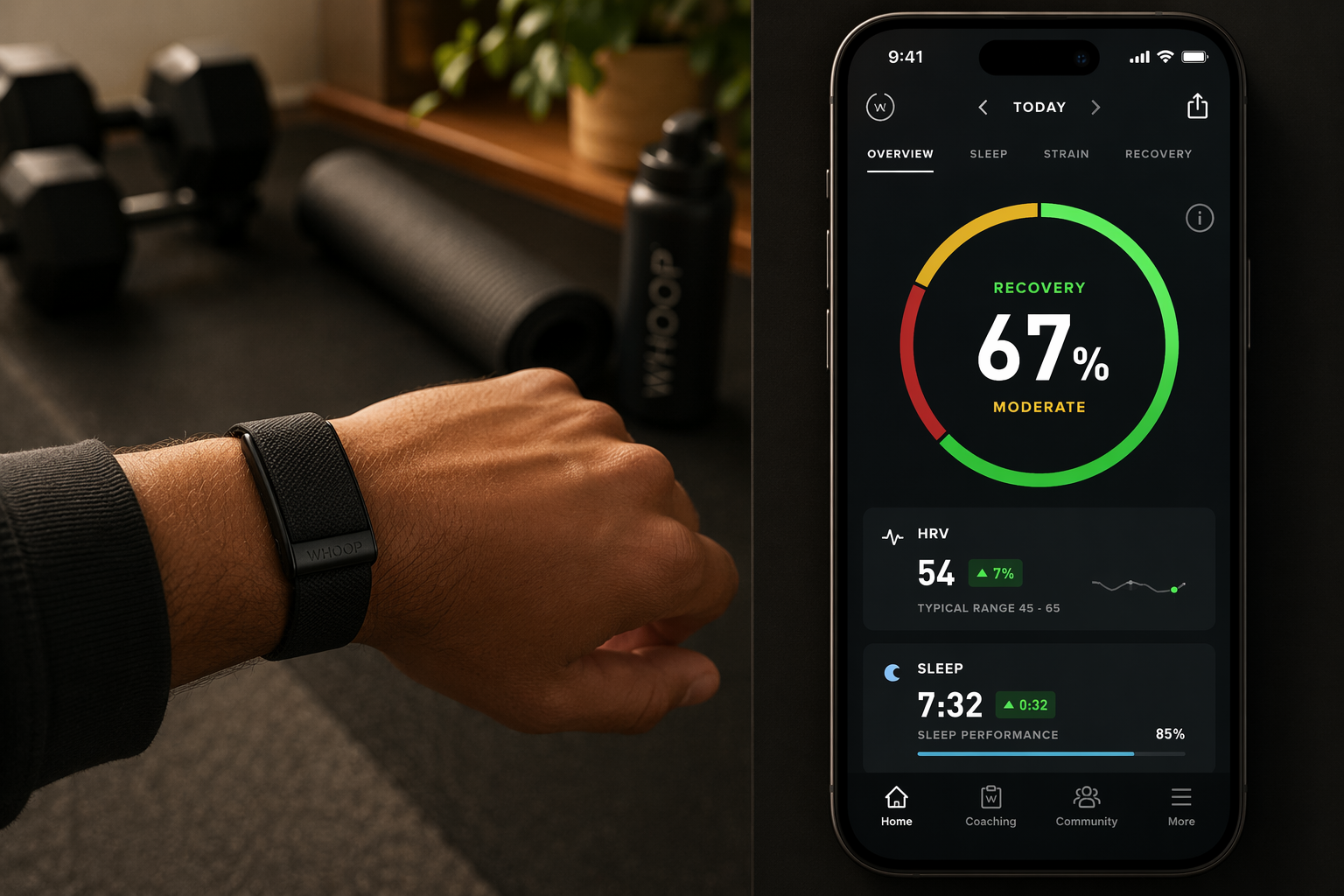 A split-composition editorial image showing a WHOOP 5.0 band on a person's wrist against a dark background with dumbbells and a yoga mat softly visible, paired with a smartphone displaying a green/yellow/red circular recovery gauge showing 67%, HRV number, and sleep duration.