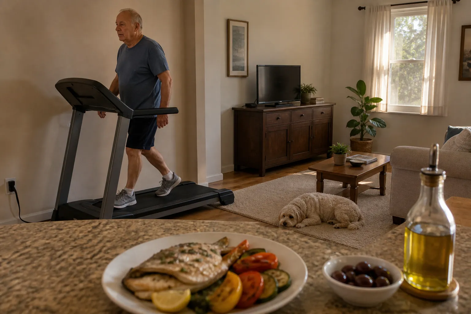 Older man walking steadily on a home treadmill with a dog nearby and a Mediterranean-style meal in the background