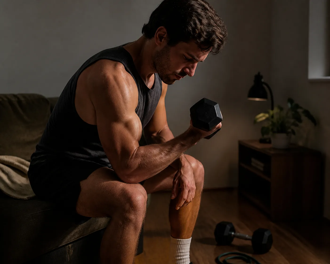 Person performing a slow controlled dumbbell curl in a modest living room with bands and dumbbells nearby