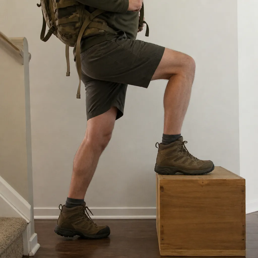 Loaded backpack step-up on an indoor 8-inch platform