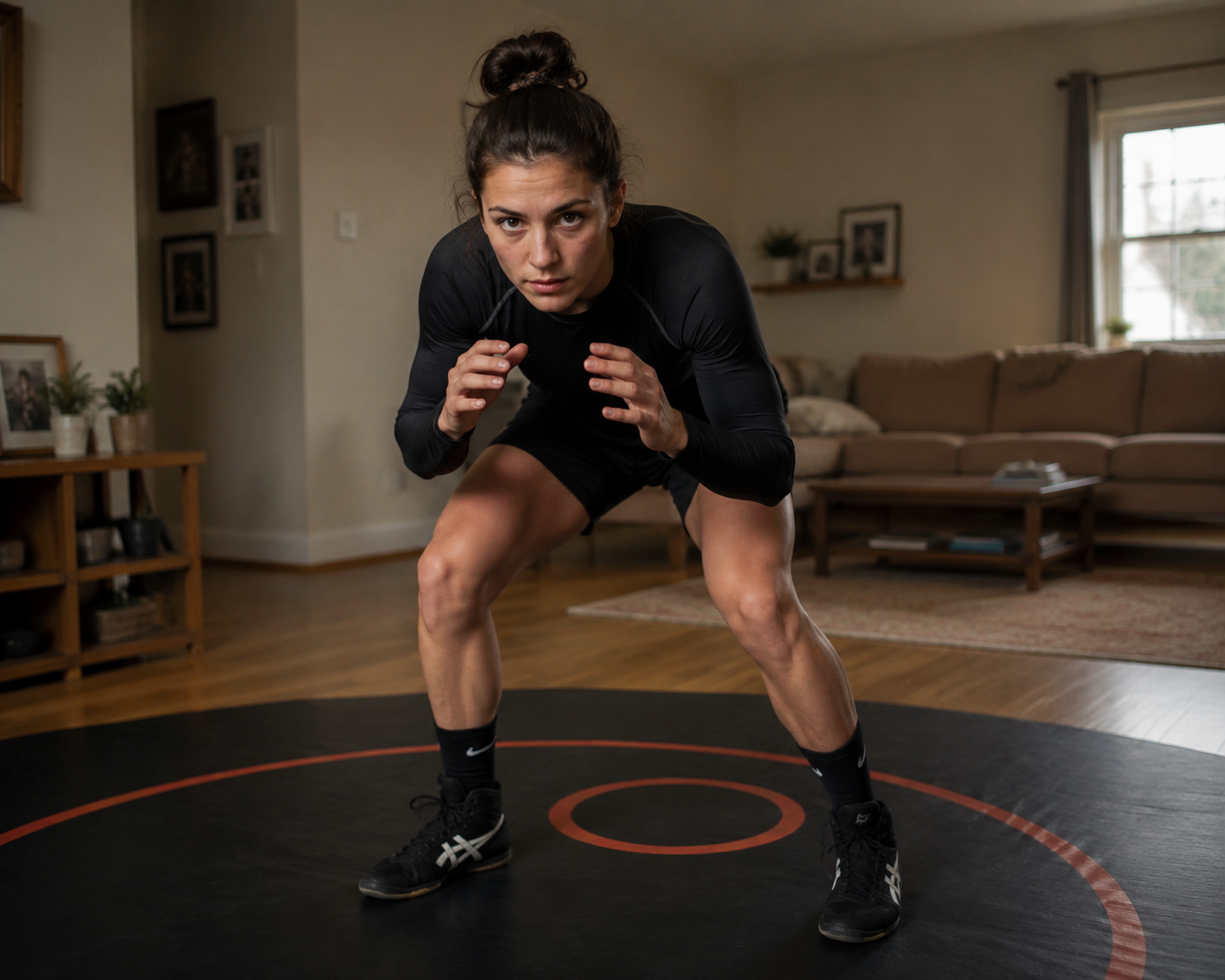 Person training in a low wrestling stance in a living room