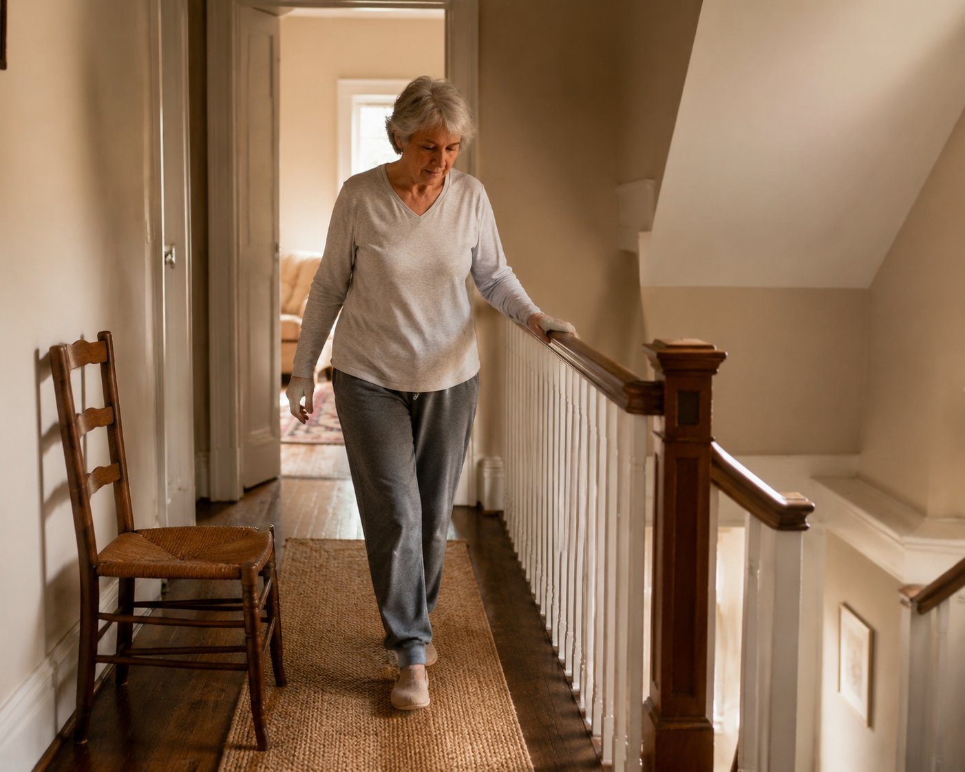 Person walking a short home staircase landing circuit with handrail support and a nearby rest chair
