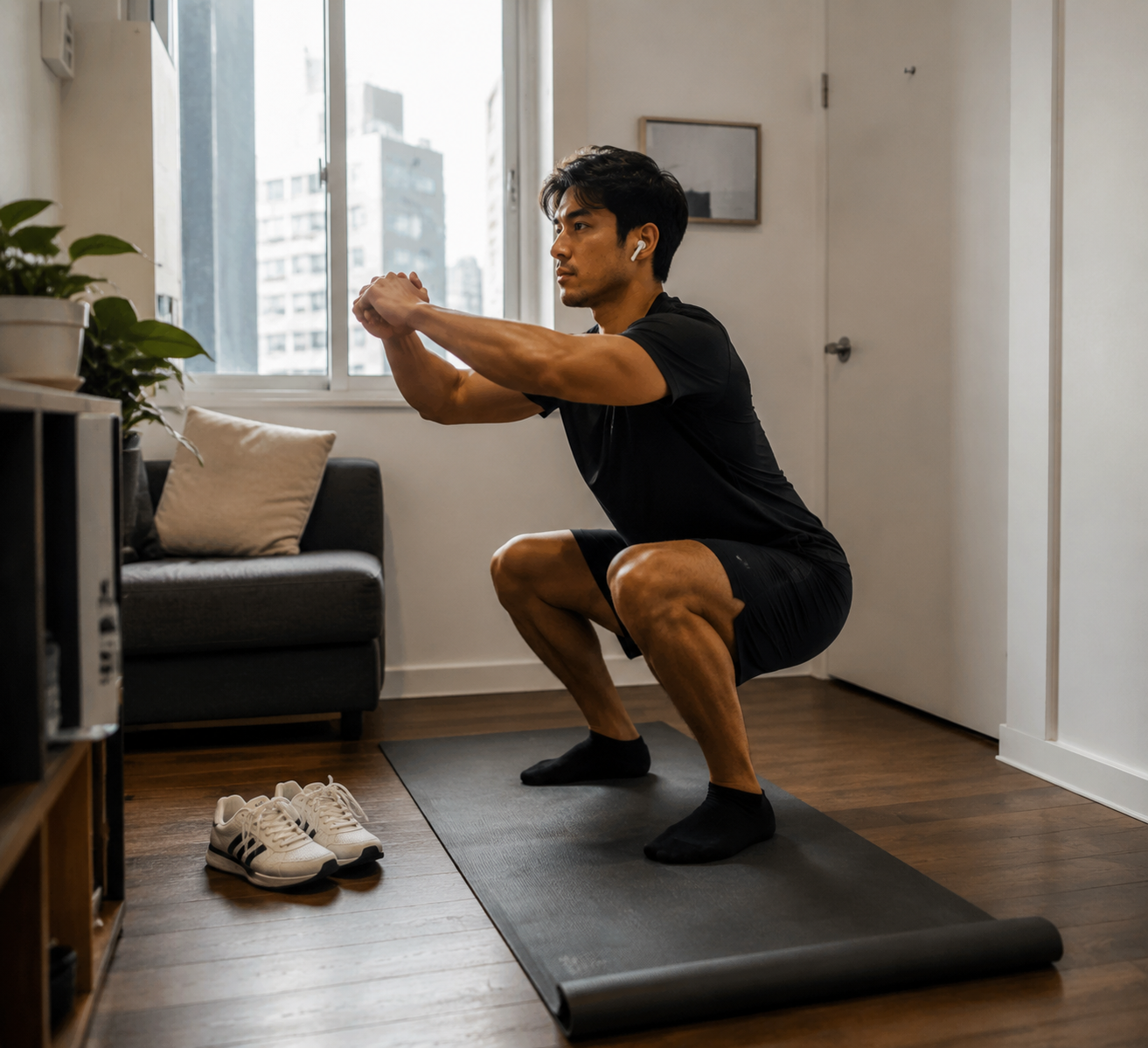 Person doing a bodyweight squat on a mat in a small apartment living room with no equipment visible