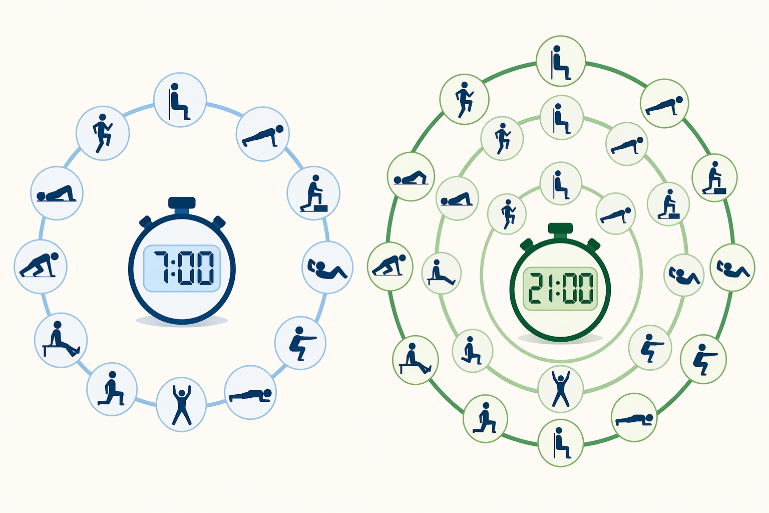 A split illustration: left panel shows a single ring of 12 exercise icons with a timer reading 7:00; right panel shows three stacked rings of the same icons with a timer reading 21:00, representing the intended 2–3 circuits.