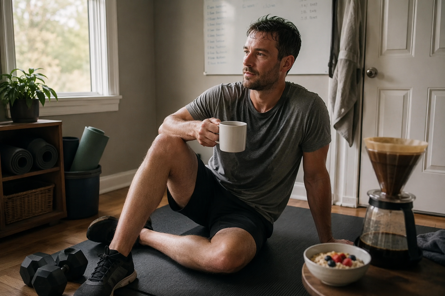 A home exerciser sits on a mat after training with a coffee mug, paper-filter brewer, dumbbell, yoga mat, and oats nearby.