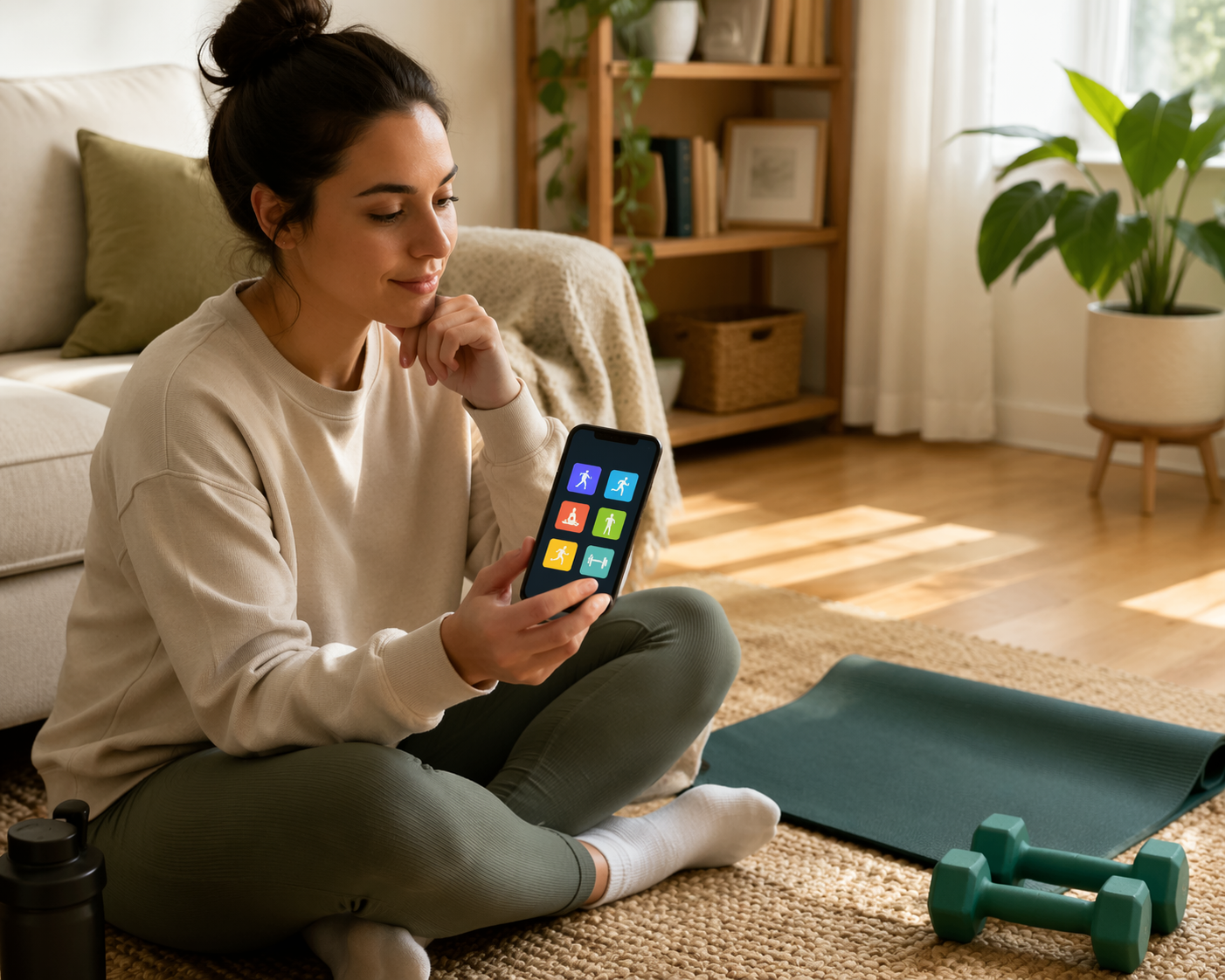 A person sitting on a living room floor with a phone open to fitness apps, with a yoga mat and dumbbells nearby.