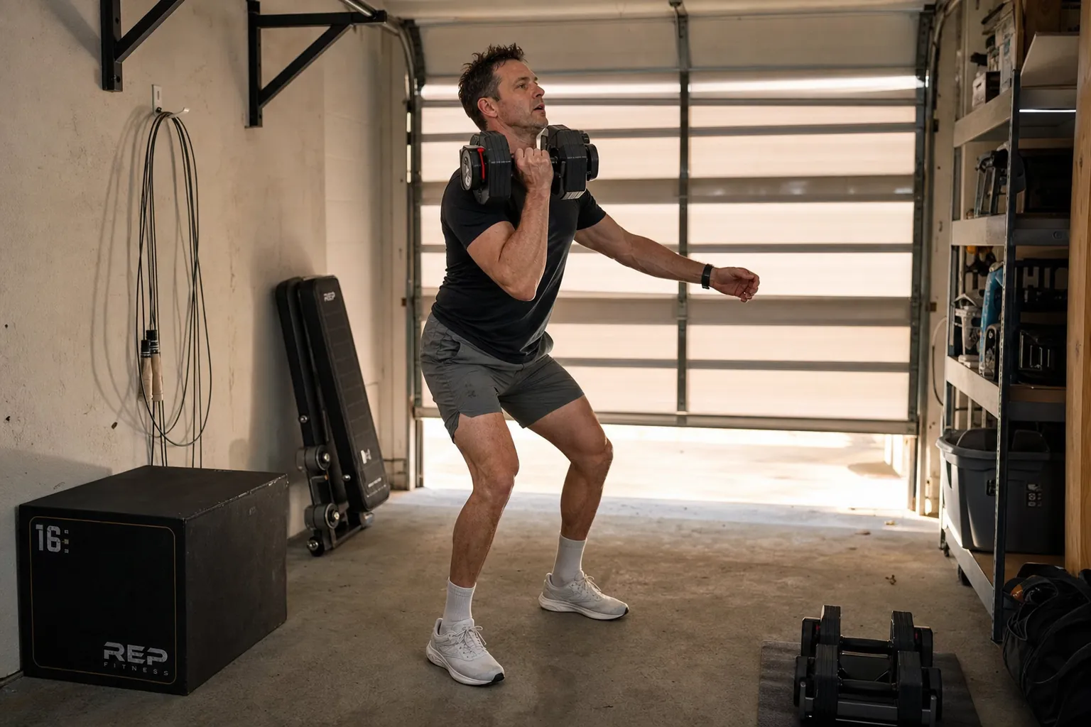 Masters athlete doing a dumbbell clean in a narrow garage gym with compact equipment
