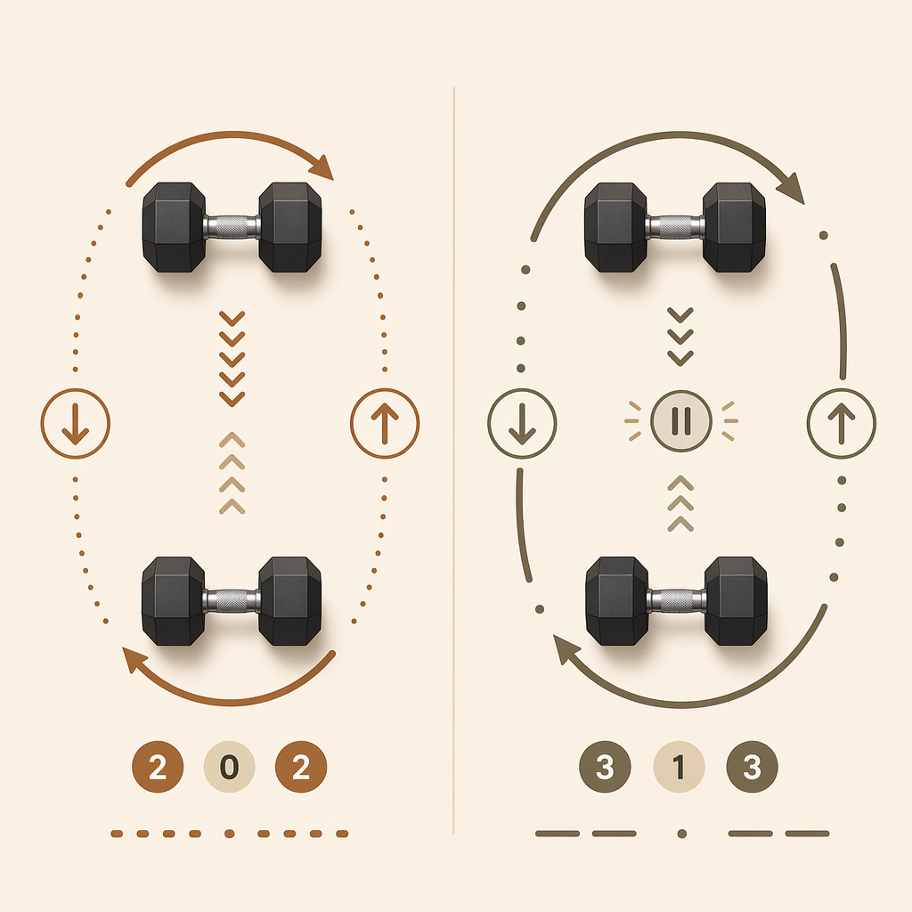 Two dumbbell icons side by side with circular motion arrows around them — the left icon shows a fast rhythmic pace and the right icon shows a slower pace with a pause indicator, comparing 2-0-2 and 3-1-3 tempo patterns.