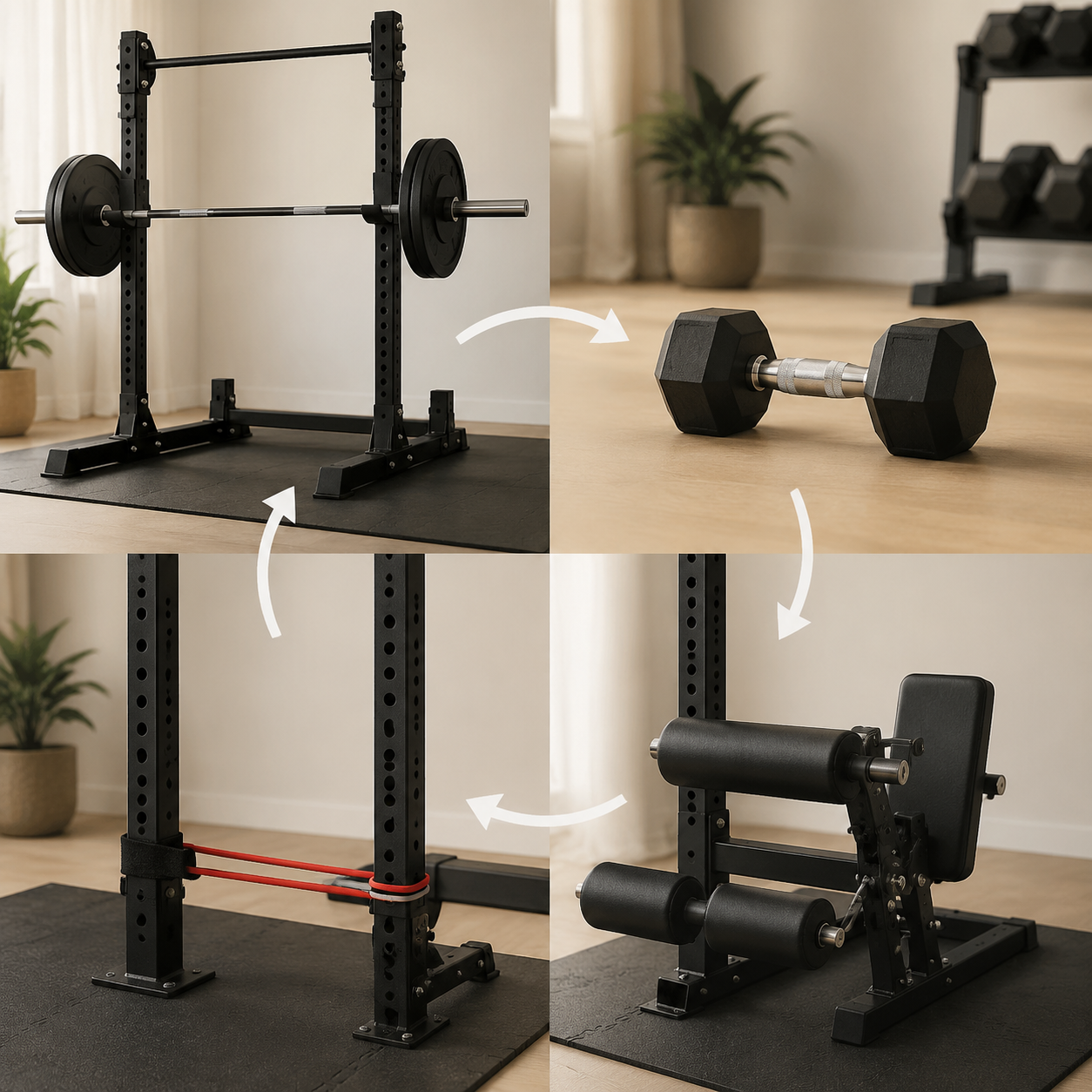 Four home gym equipment silhouettes representing squat, hip hinge, knee extension, and knee flexion patterns