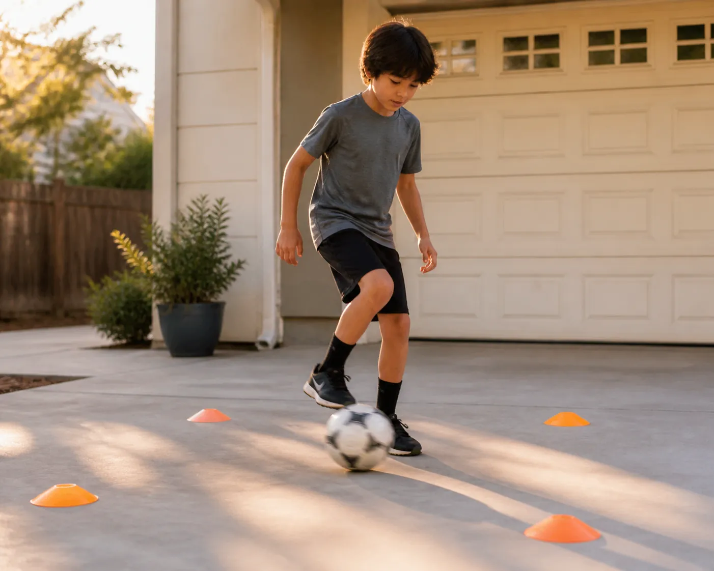 Child standing with a soccer ball inside a small square marked by flat orange disc markers on a driveway