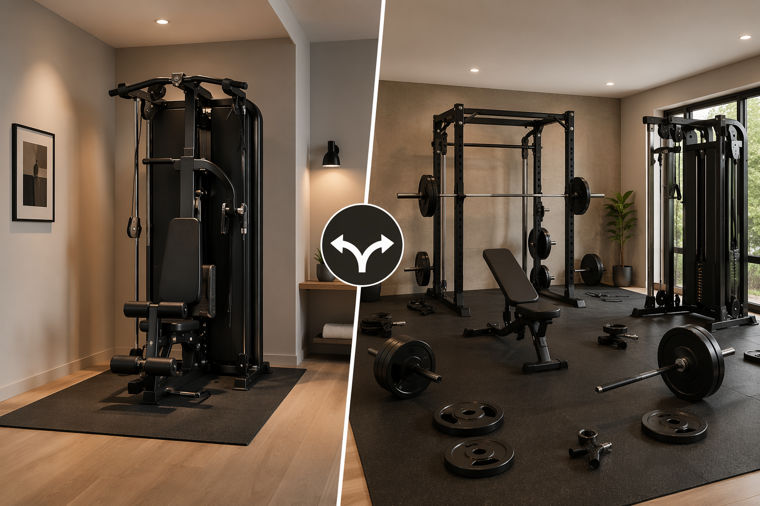 Split comparison of a compact all-in-one home gym and a larger separate-equipment home gym setup