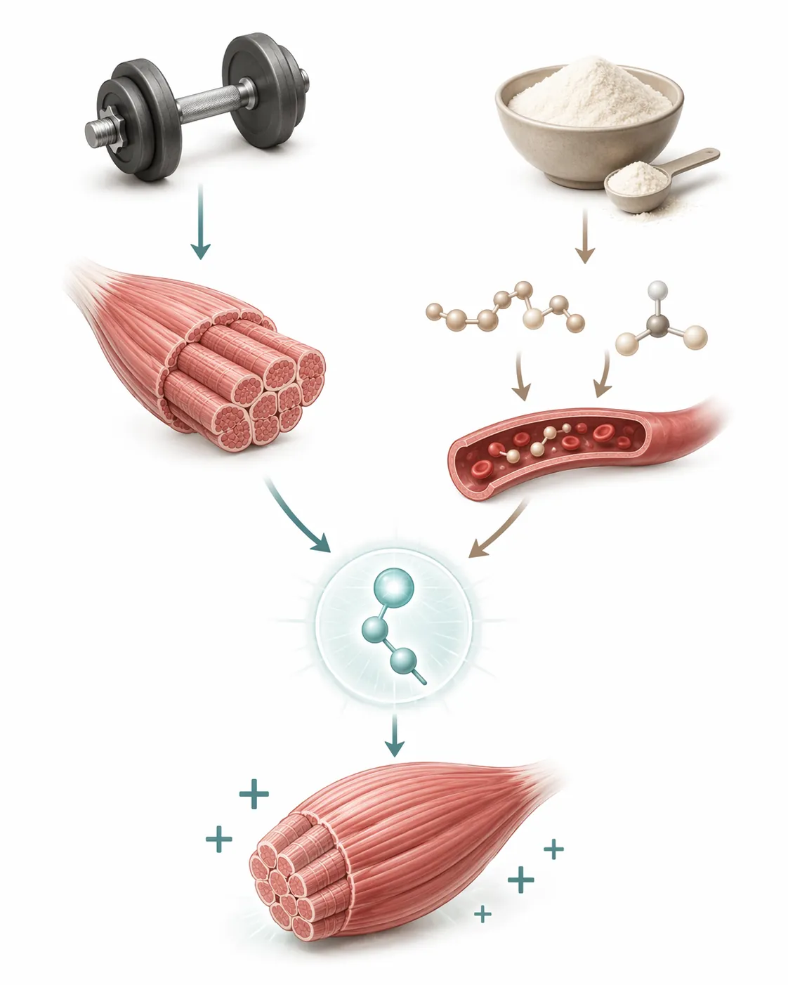 Illustration of collagen and resistance training converging on muscle signaling pathways