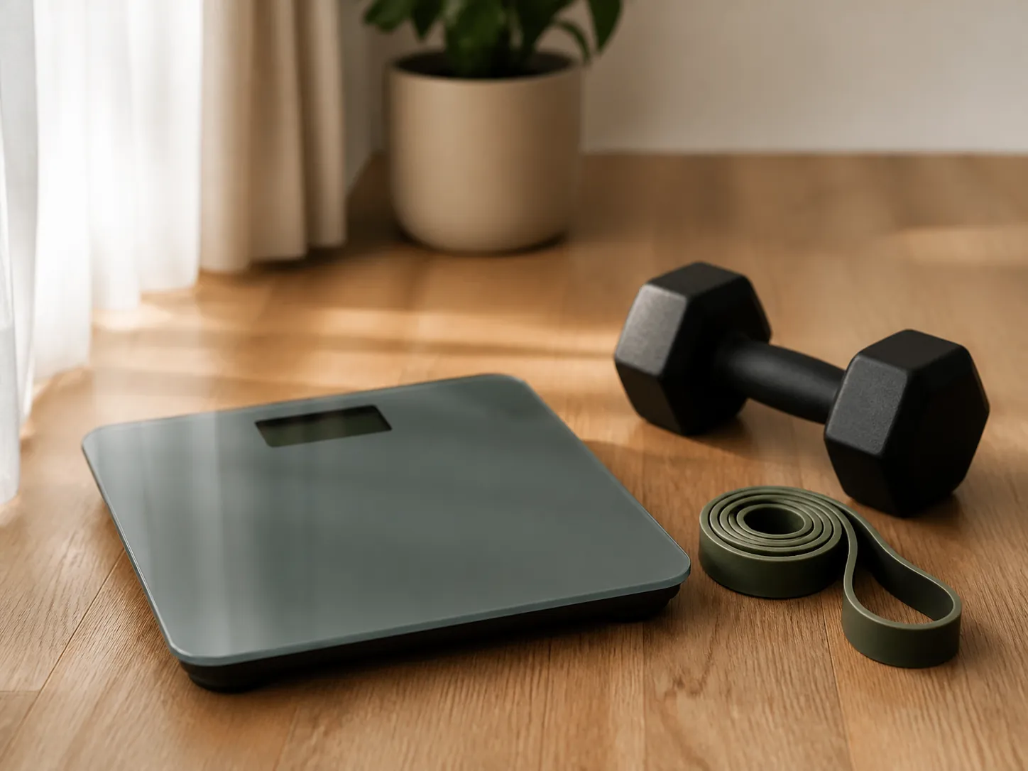 Bathroom scale beside a dumbbell and resistance band, symbolizing weight loss alongside strength training