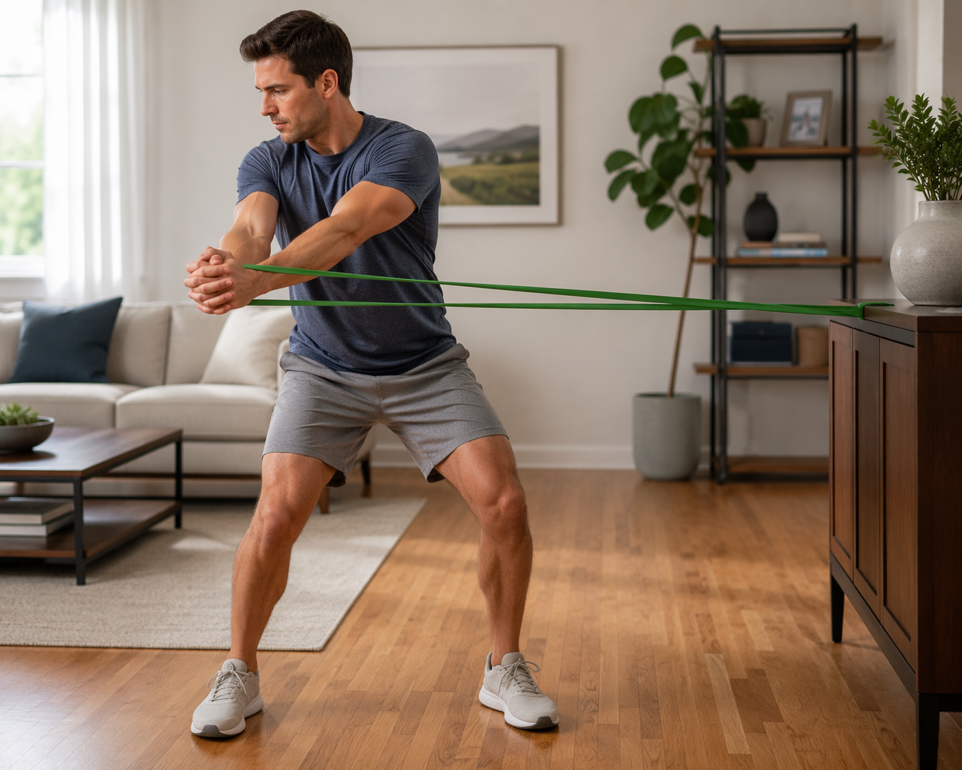 Golfer performing a resistance band rotational strength exercise in a living room