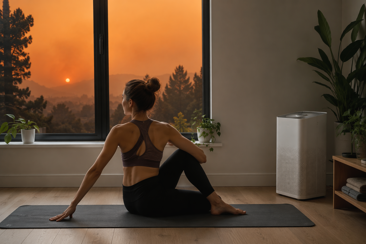 Person stretching on a yoga mat indoors while smoky orange haze shows through the window and a HEPA purifier runs nearby
