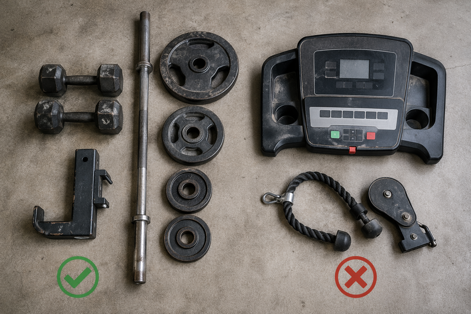 Used dumbbells, barbell, plates, rack hardware, treadmill console, and cable attachment arranged to compare secondhand equipment risk