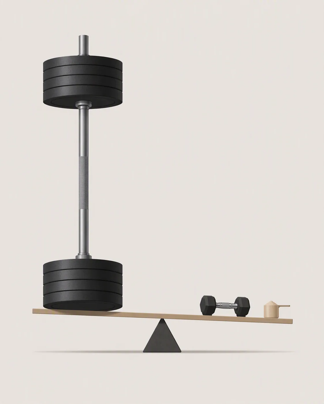 A large barbell beside a much smaller dumbbell and tiny protein scoop, emphasizing that training stimulus is larger than added protein effect