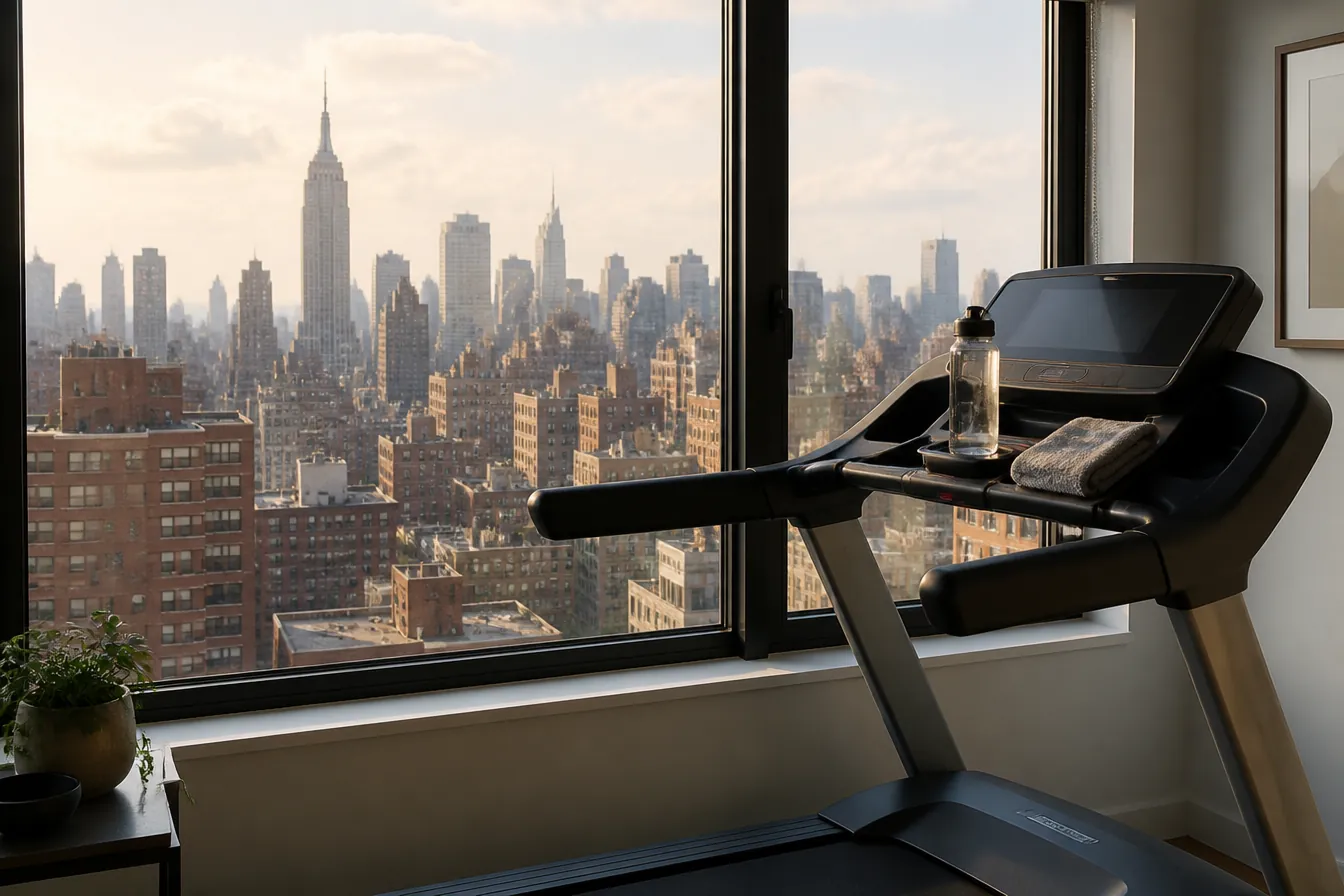Treadmill beside a window in a compact New York City apartment with a hazy humid skyline outside