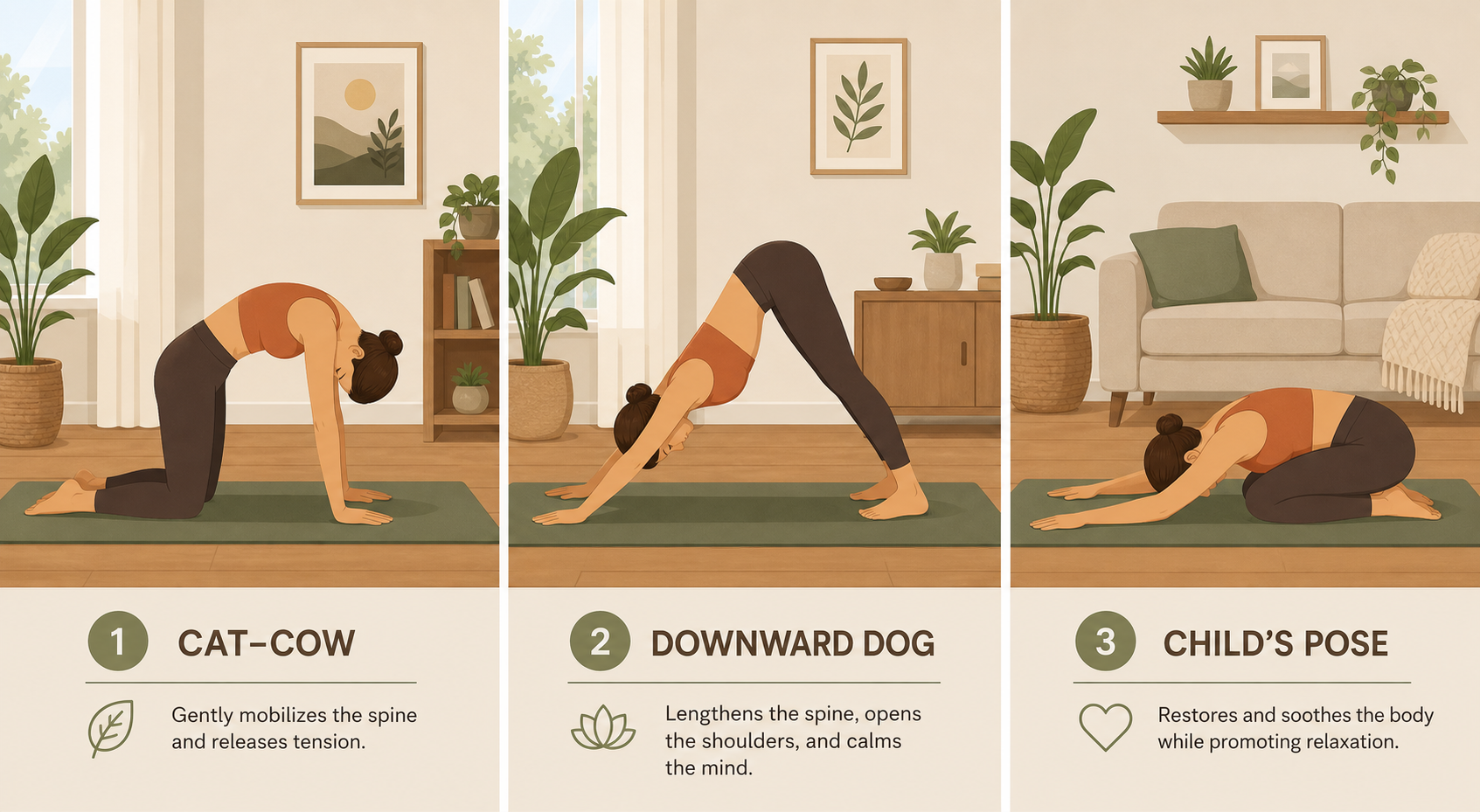 Three-panel illustration showing cat-cow, downward dog, and child's pose cool-down stretches in a home living room.