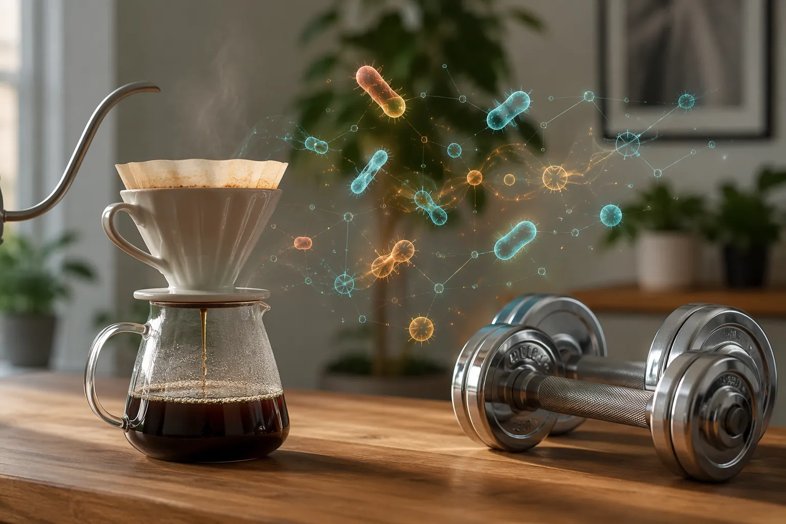 Pour-over coffee beside dumbbells with microbial pathway shapes in a home setting