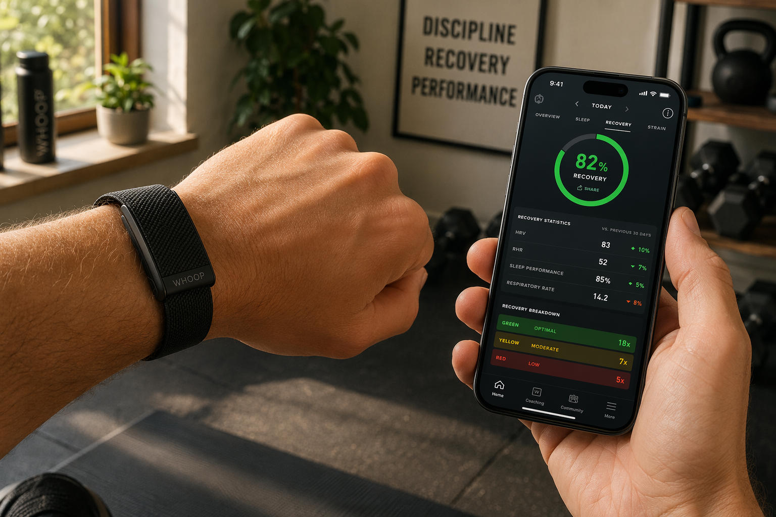 A Whoop 5.0 band worn on a wrist in a sunlit home gym with dumbbells and a yoga mat, next to a smartphone displaying a recovery dashboard with green, yellow, and red score zones.
